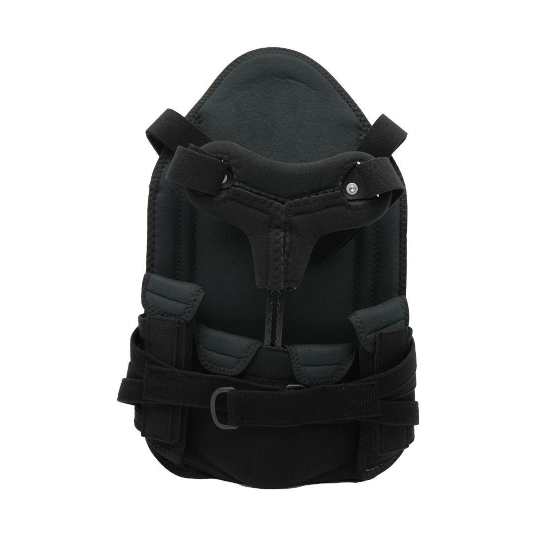 Black Short Front TLSO brace with padded interior, adjustable straps, and metal support hinges, made in the USA by RCAI,.