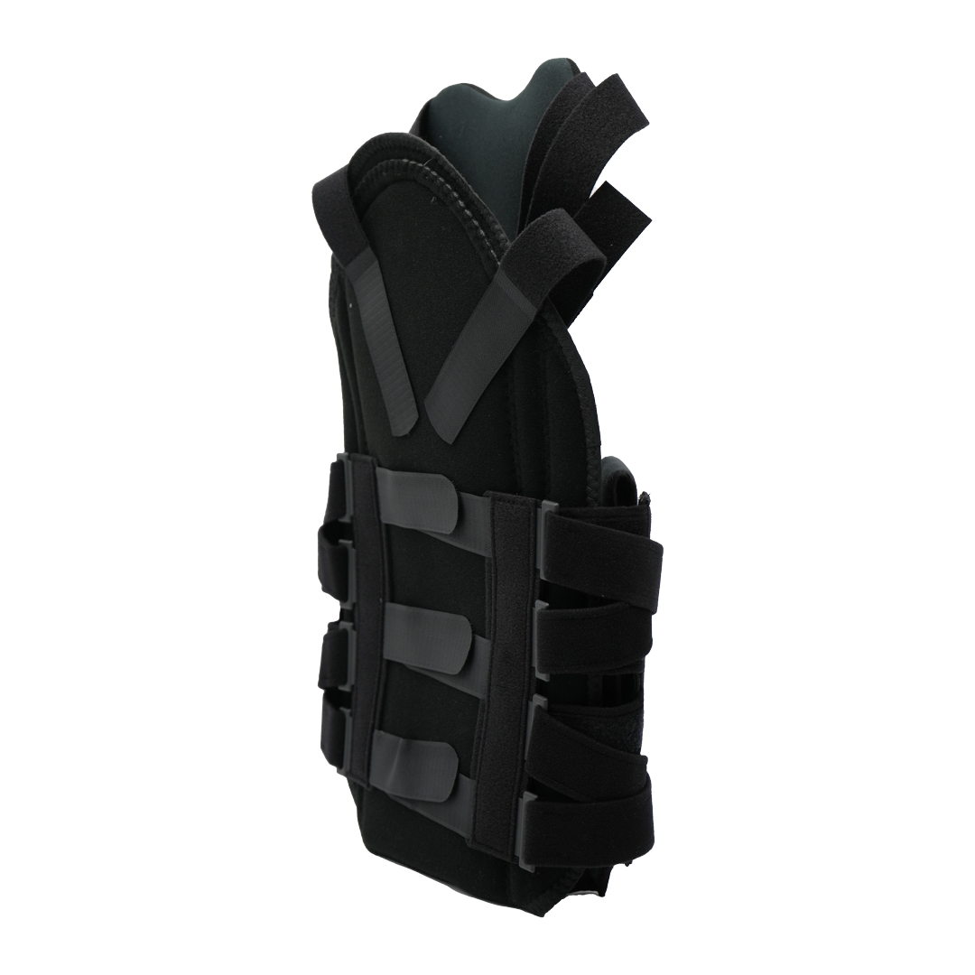 Black Short Front TLSO brace with adjustable straps and rigid support panels, made in the USA, RCAI, best orthopedic braces.