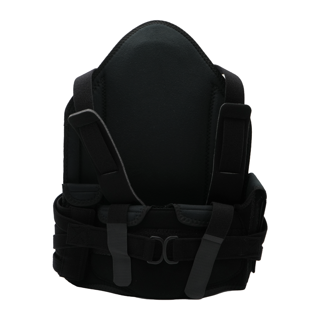 Black RCAI TLSO short front orthopedic brace with adjustable straps and supportive padding, made in the USA, best orthopedic .