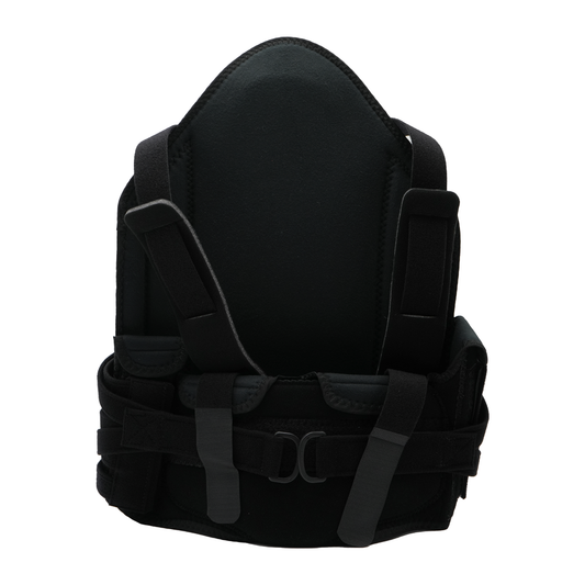Black RCAI TLSO short front orthopedic brace with adjustable straps and supportive padding, made in the USA, best orthopedic .