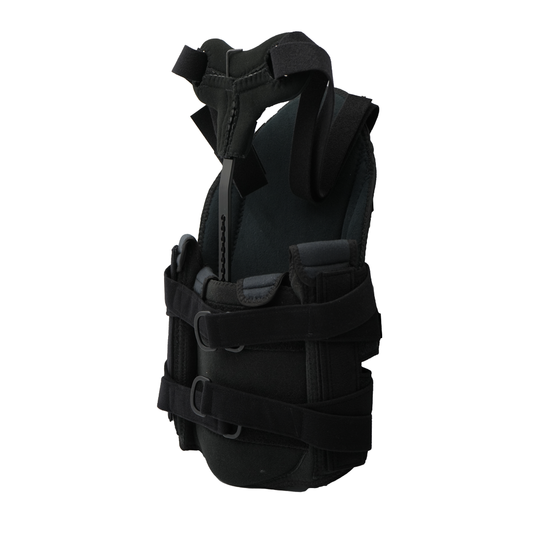 Black Short Front TLSO spinal brace with adjustable straps and padded support, designed for secure fit, made in the USA, top .