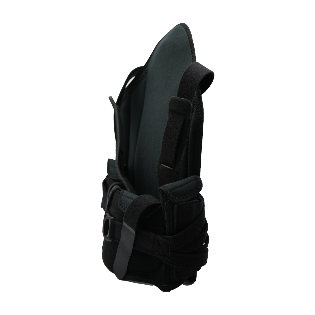 Black RCAI TLSO short front brace with adjustable straps and rigid support structure, made in the USA, best orthopedic.