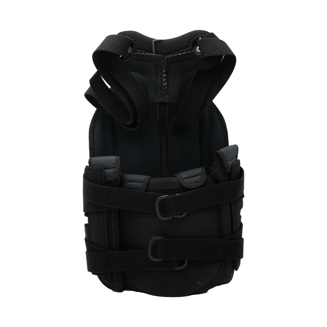 Black Short Front TLSO back brace with adjustable straps and buckles, made in the USA, best orthopedic braces for b2b.
