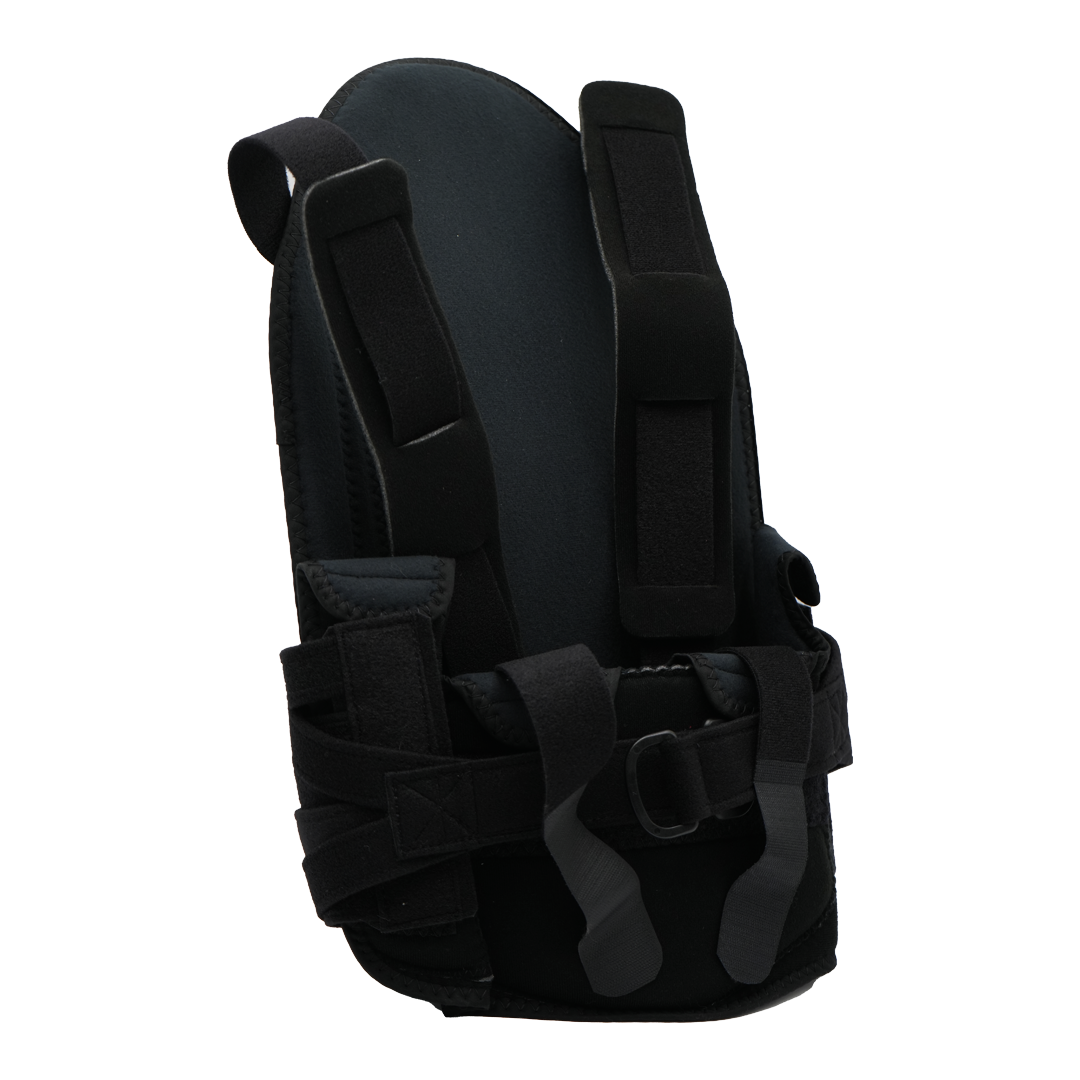 Black RCAI TLSO short front orthopedic brace with adjustable straps, rigid supportive shell, and padding, made in the USA,.