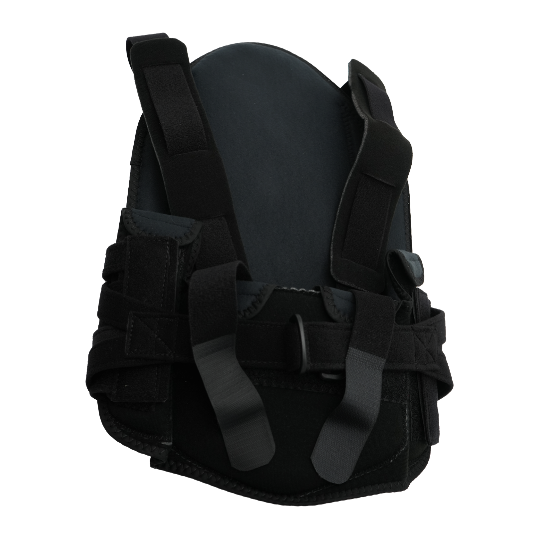 Black short front TLSO brace with adjustable straps and padded support, made in the USA, RCAI, best orthopedic braces for.
