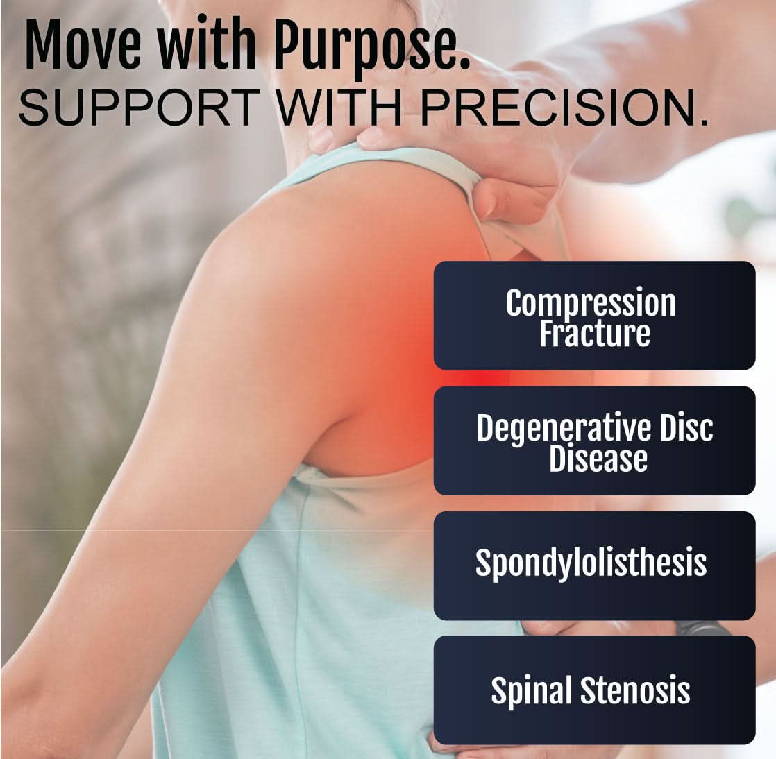 Short Front TLSO back brace shown on upper back and shoulder area, worn over light blue shirt, highlighting support for.