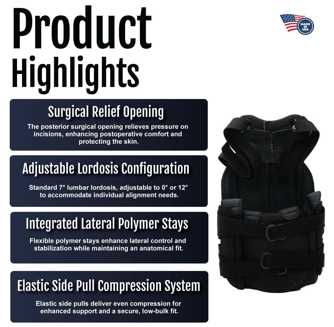 Black Short Front TLSO brace with adjustable lumbosacral support, integrated lateral polymer stays, elastic side pull.