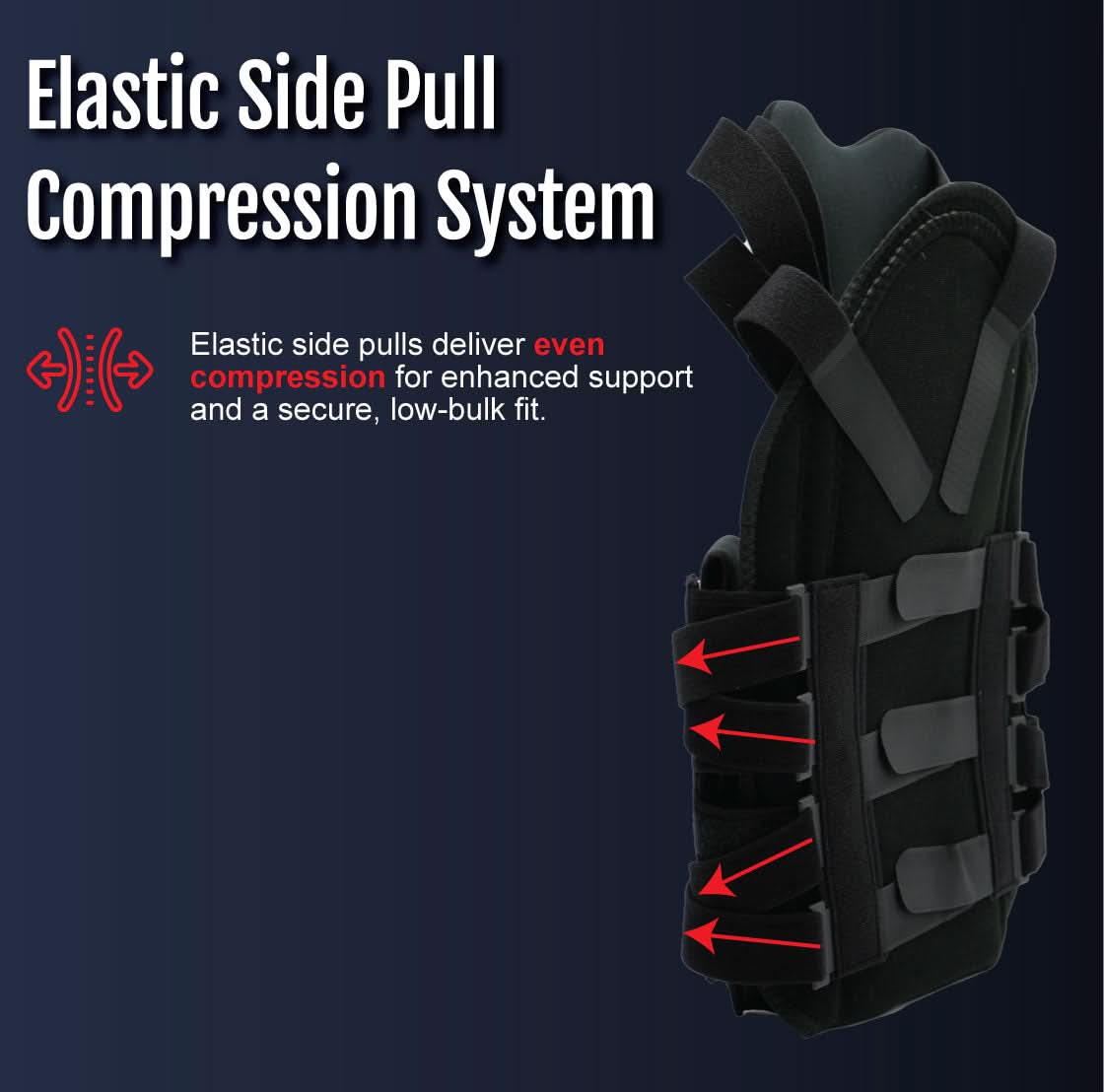 Black short front TLSO brace with adjustable elastic side pull compression system and secure straps, made in the USA by.