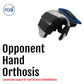 Opponent Hand Orthosis by RCAI in black and blue with adjustable straps, designed for left or right hand, made in the USA,.