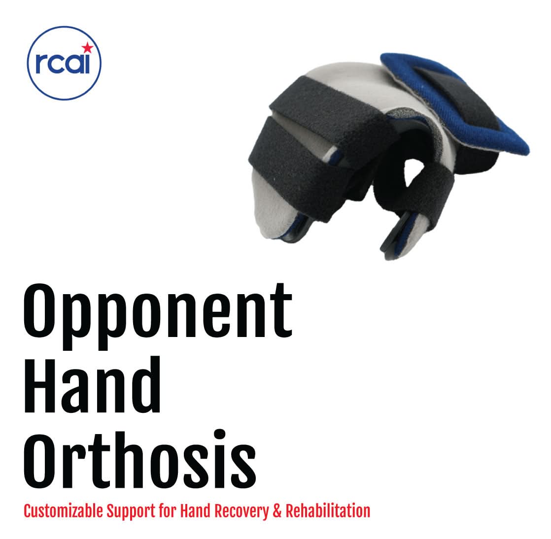 Opponent Hand Orthosis by RCAI in black and blue with adjustable straps, designed for left or right hand, made in the USA,.