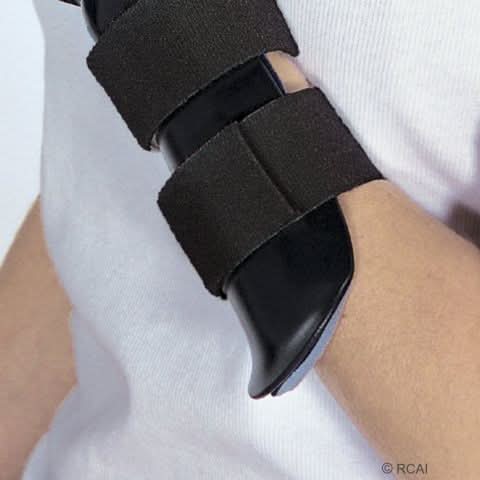 Black RCAI dorsal resting hand orthosis with finger separators, secured with two wide adjustable black straps, worn on left.