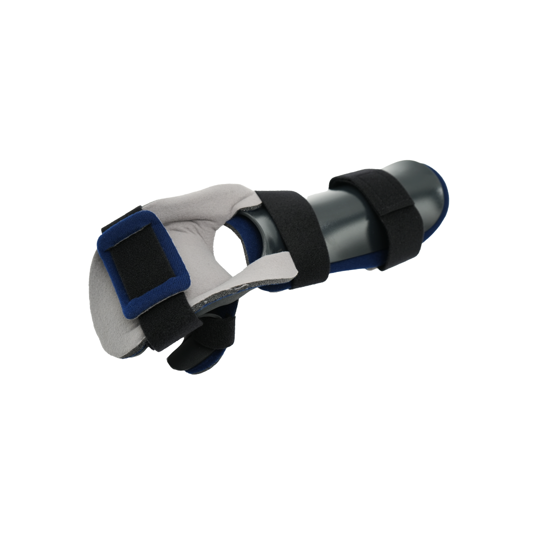Dorsal resting hand orthosis in gray and black with blue accents, adjustable straps securing wrist and fingers, designed for .