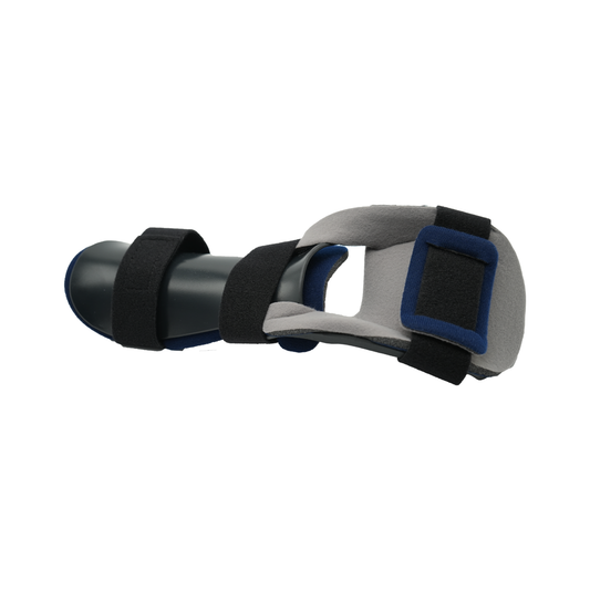 Dorsal resting hand orthosis in black and gray with blue edge, featuring adjustable black straps, designed for wrist and.