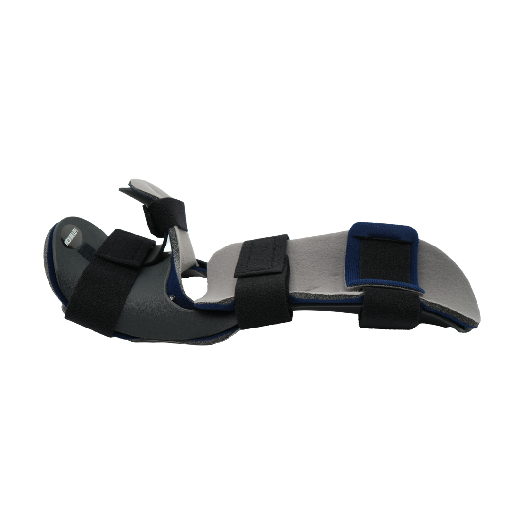 Dorsal resting hand orthosis in black and gray with blue cushioned strap, adjustable black hook-and-loop closures, made in.