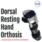 Gray and black dorsal resting hand orthosis with adjustable straps and blue padding, featuring RCAI logo, made in the USA,.