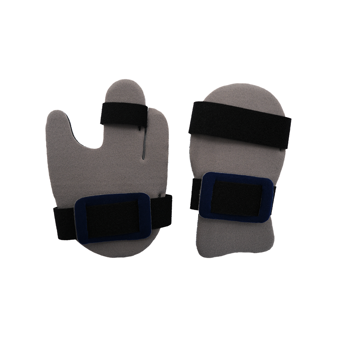 Gray dorsal resting hand orthosis pair with black and blue adjustable straps, made in the USA, RCAI, best orthopedic braces.