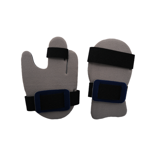 Pair of gray dorsal resting hand orthoses with black adjustable straps and blue padding, made in the USA, RCAI, B2B.