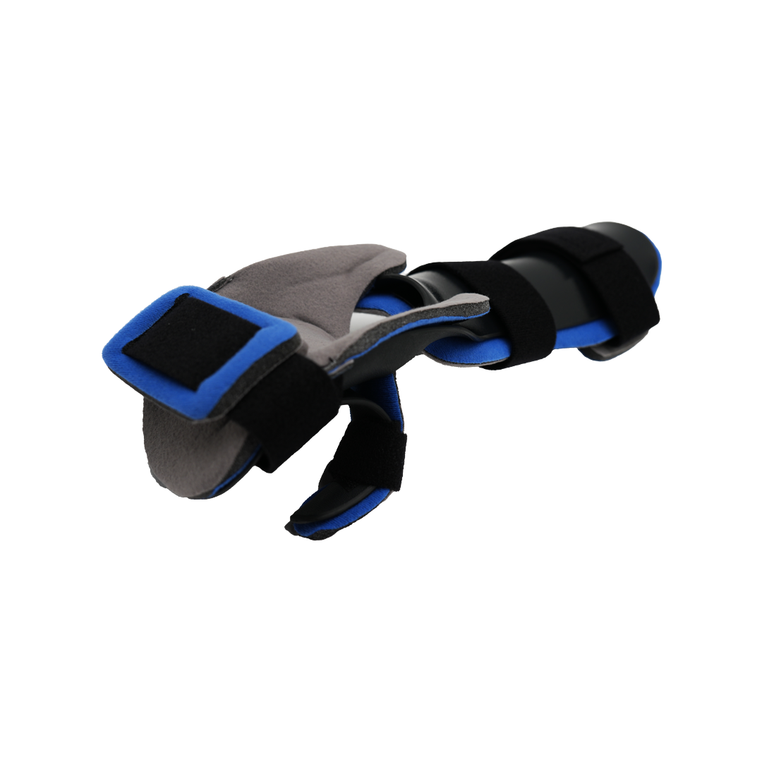 RCAI dorsal resting hand orthosis in gray and blue with black finger separators and adjustable straps, made in the USA, best .