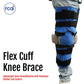 Blue Flex Cuff knee brace with black adjustable straps on a leg, showcasing lightweight support, made in the USA, best.