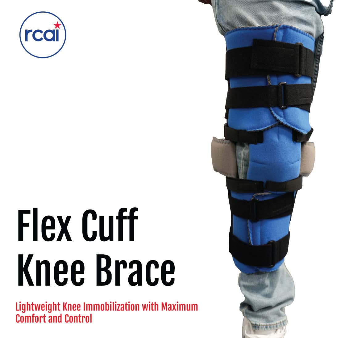 Blue Flex Cuff knee brace with black adjustable straps on a leg, showcasing lightweight support, made in the USA, best.
