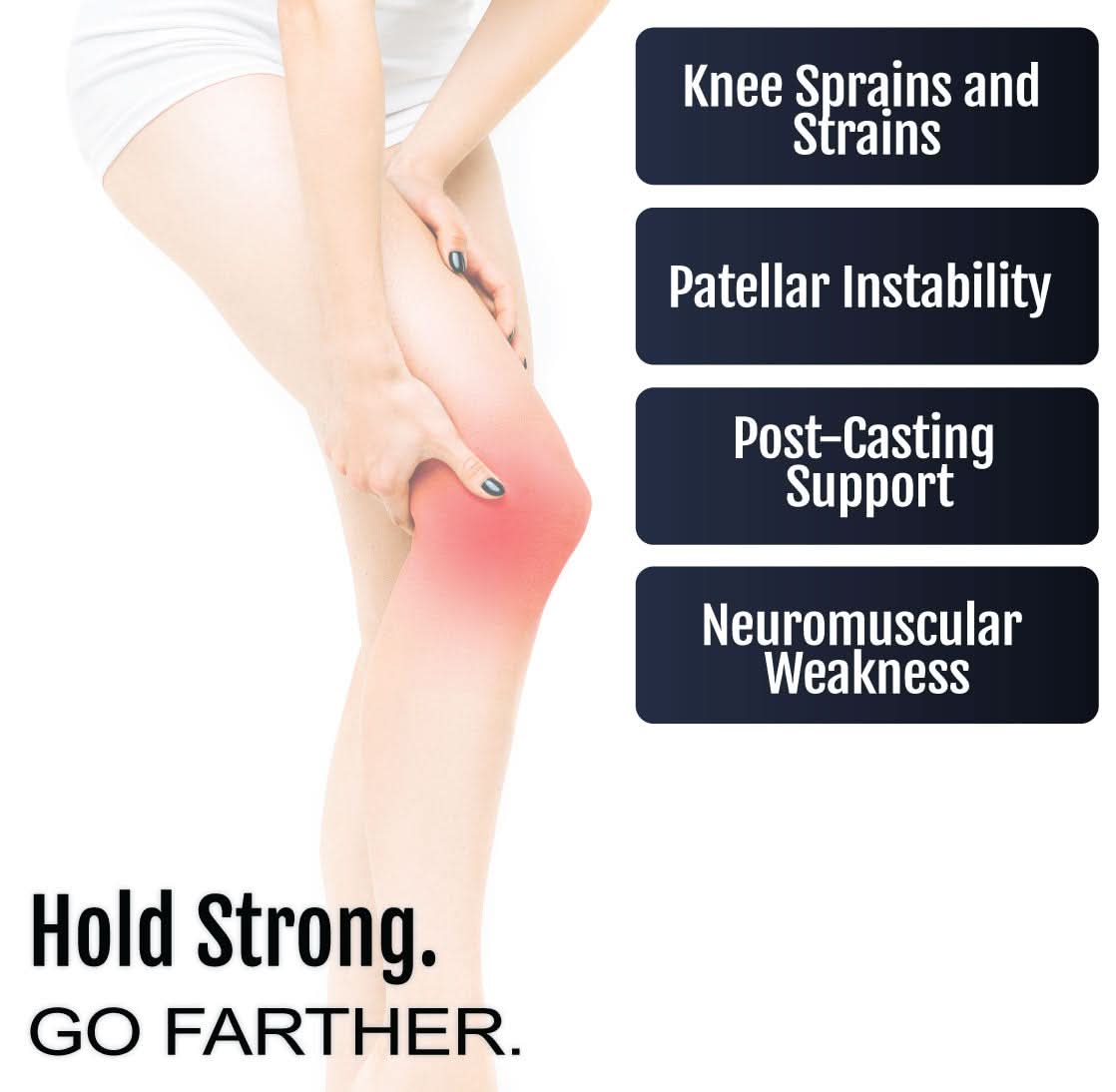 Flex Cuff Knee brace on bent leg highlighting knee pain area in red, showing support for sprains, patellar instability,.