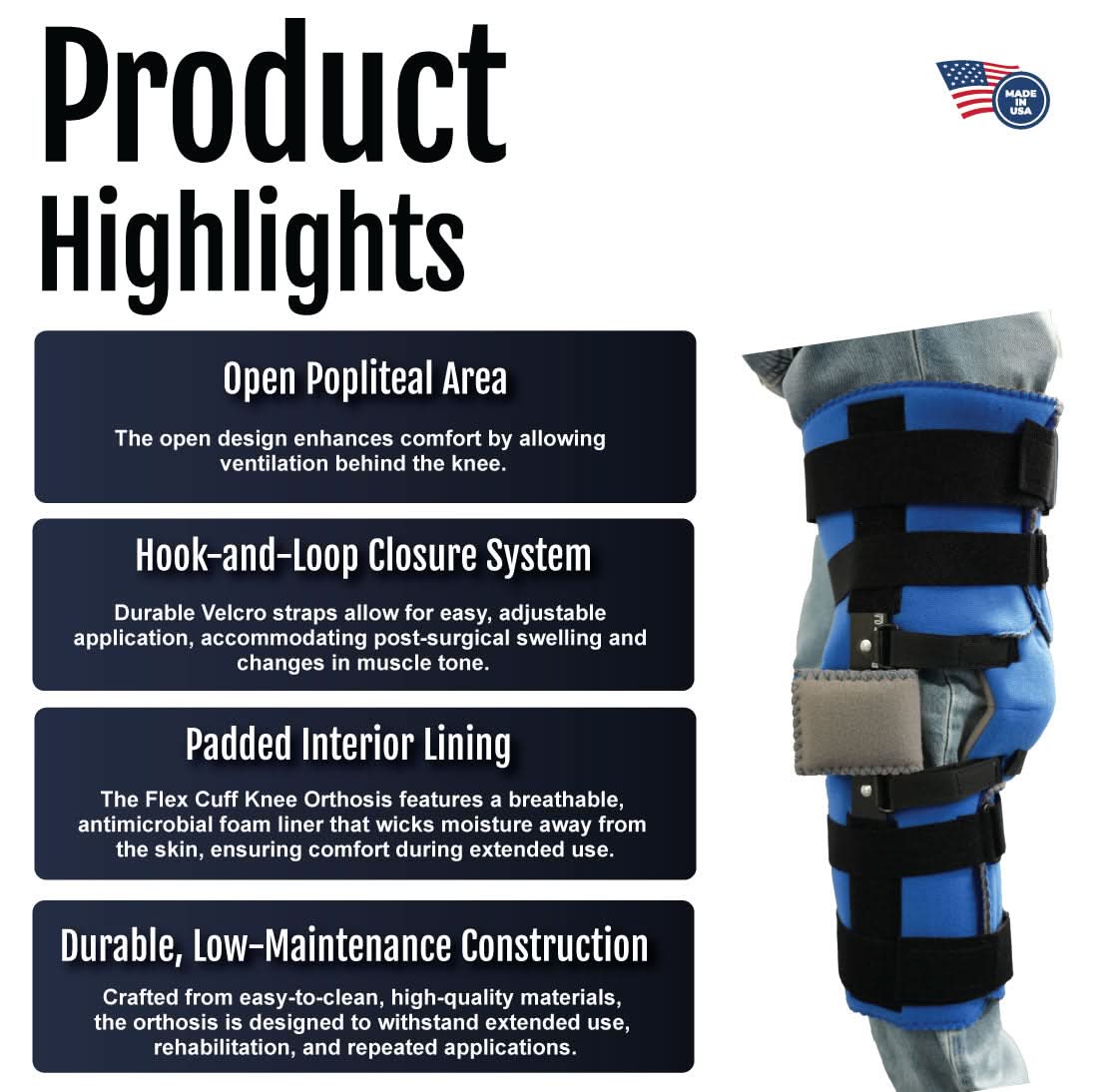 Flex Cuff Knee brace in black with blue accents, featuring open popliteal area and adjustable hook-and-loop closures, made.
