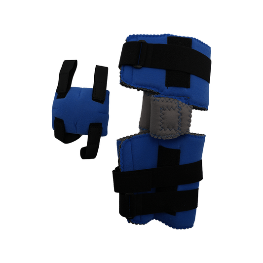 Blue and black Flex Cuff Elbow Orthosis Accessory Kit showing adjustable straps and reinforced support, made in the USA,.