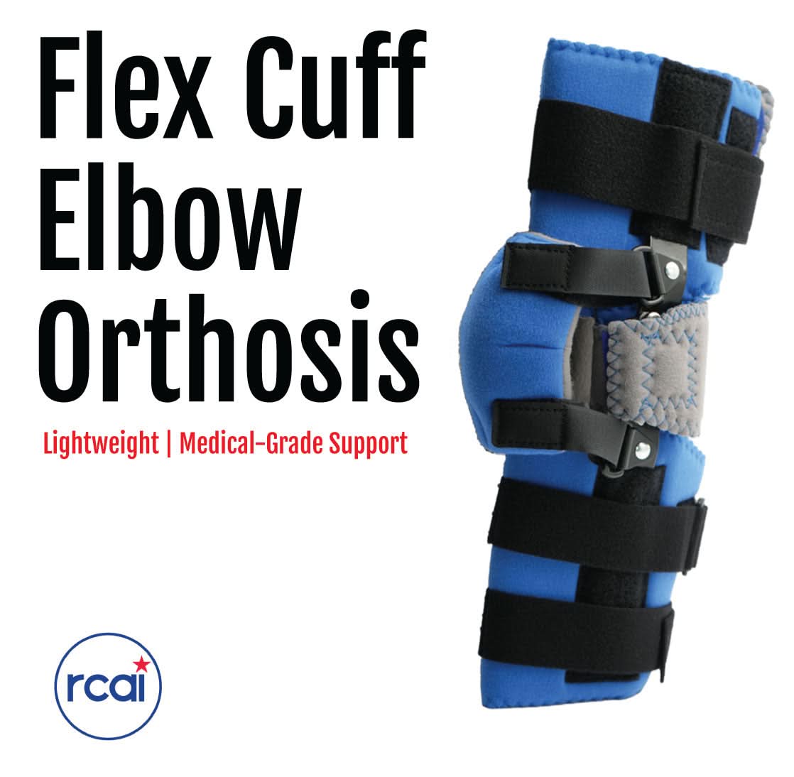 Adjustable blue and black lightweight Flex Cuff elbow orthosis with multiple straps and hinges, made in the USA, best.