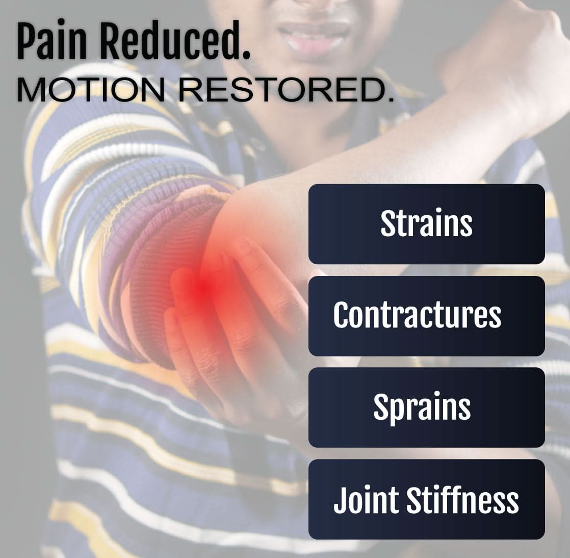 Lightweight blue and gray Flex Cuff elbow orthosis on arm, highlighting red area of pain relief, made in the USA, best.