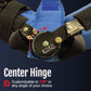 Close-up of blue and black Flex Cuff elbow orthosis with adjustable center hinge marked to 120°, featuring metal components.