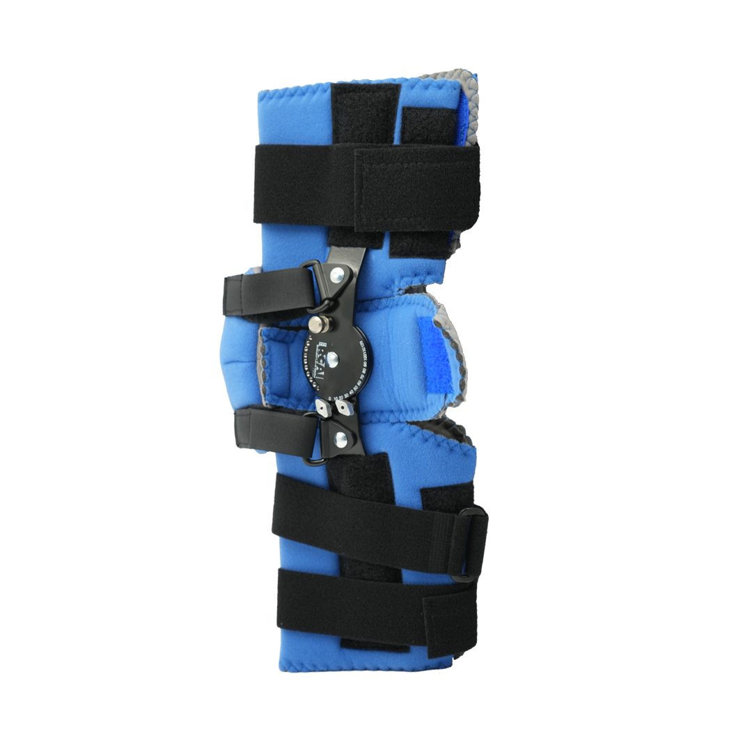 Blue Flex Cuff Elbow Orthosis with adjustable black straps and metal hinge, made in the USA, RCAI, best orthopedic braces.