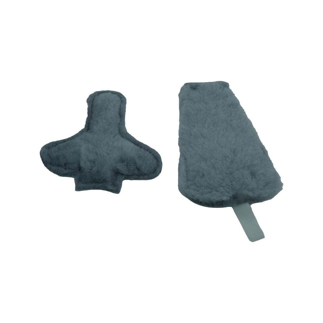 Two gray microfiber cleaning pads for MPO Phase II, one shaped like a rounded cross with short arms and one rectangular with