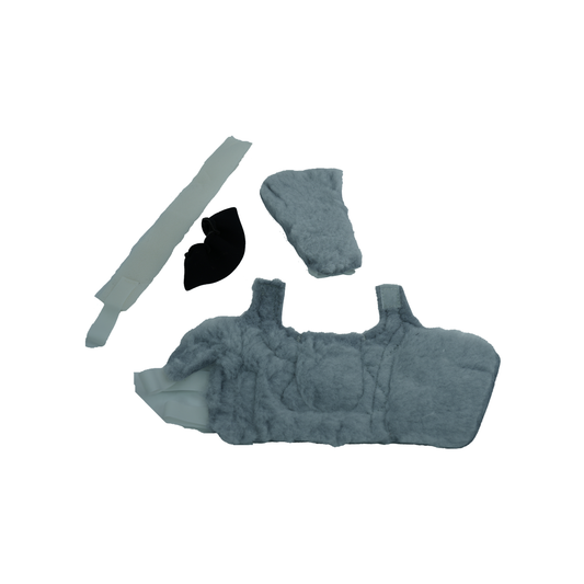 Light gray padded fabric orthotic components including a large Dorsi-Flexion support piece, a smaller curved piece, a narrow