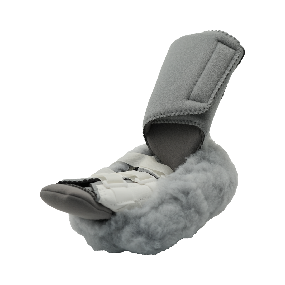 Gray Phase II Multi Podus System orthopedic foot brace with soft fleece lining, adjustable straps, and padded heel, made in.