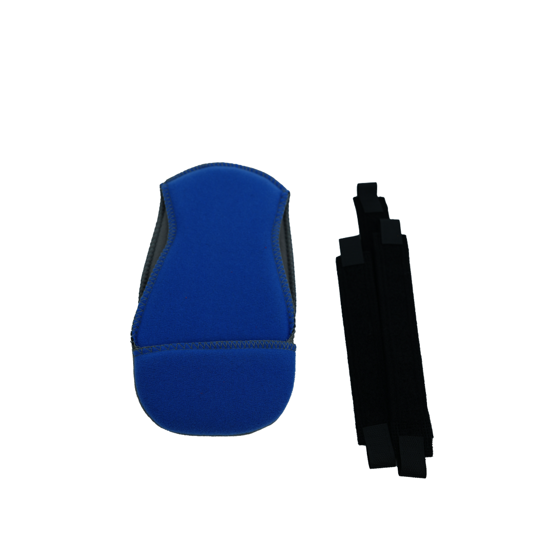 Blue neoprene plantar fasciitis night splint with gray edges and three black adjustable straps on white background.