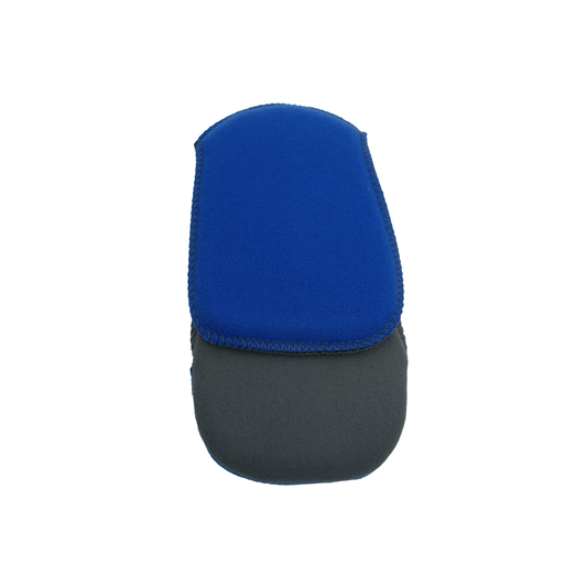 Blue and gray cushioned plantar fasciitis night splint with soft fabric and rounded edges designed for foot support and pain