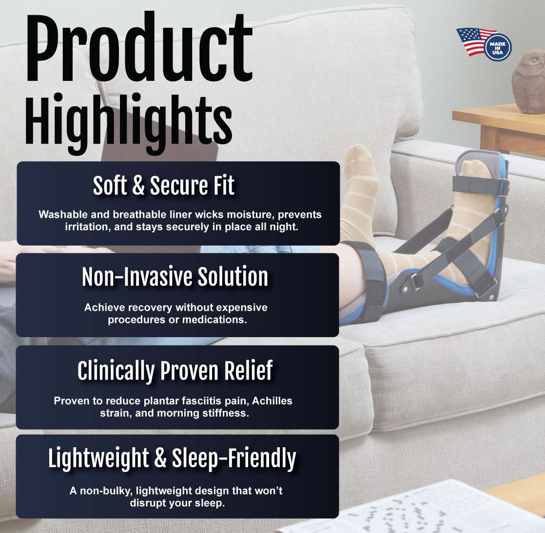 RCAl plantar fasciitis night splint in black and beige with adjustable straps, labeled product highlights and Made in the.