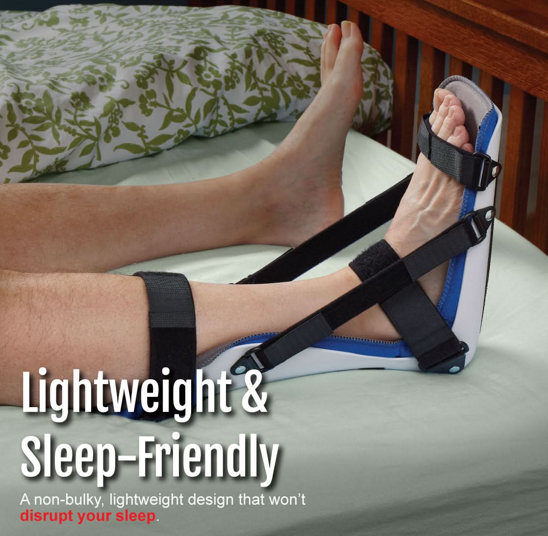 RCAI plantar fasciitis night splint in black with blue padded footplate, adjustable straps securing foot upright, shown on.