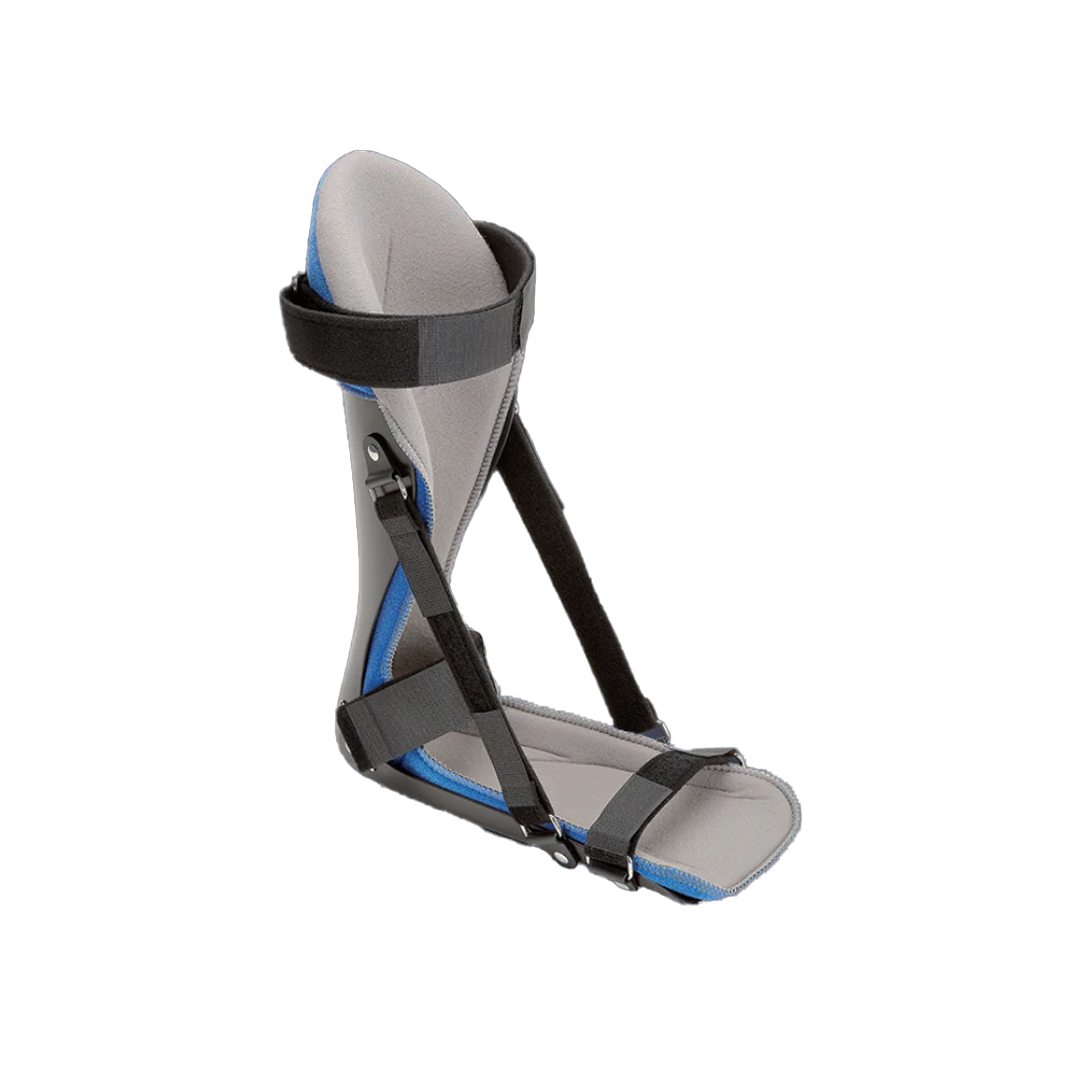 Gray and blue RCAI plantar fasciitis night splint with adjustable black straps, made in the USA, best orthopedic braces for.