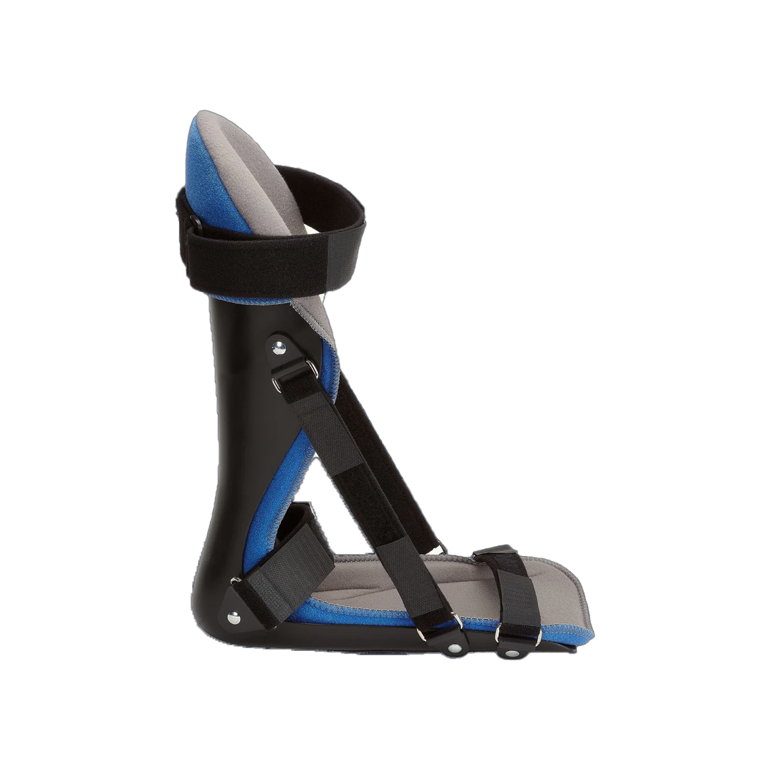 RCAI plantar fasciitis night splint with black rigid frame, blue and gray padded lining, adjustable black straps, made in.