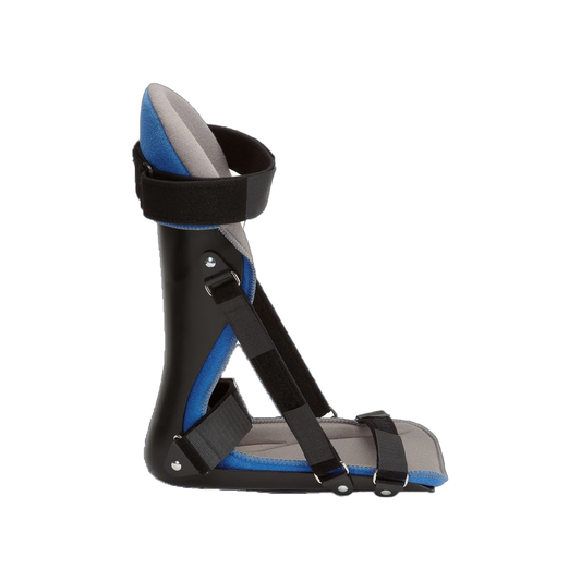 RCAI plantar fasciitis night splint with black rigid frame, blue and gray padded lining, adjustable black straps, made in.