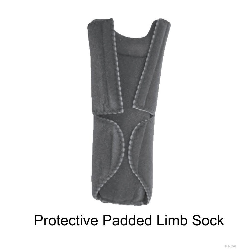 Black padded below knee amputee rigid dressing protector with secure stitching and contoured design, made in the USA, rCAI.