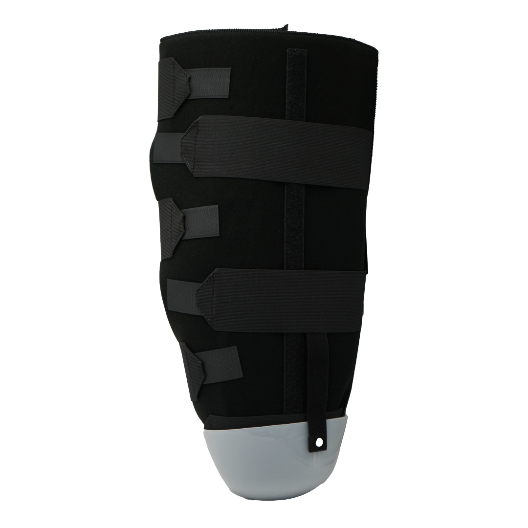 Black below knee amputee rigid dressing protector with adjustable Velcro straps and gray hard protective cap, made in the.