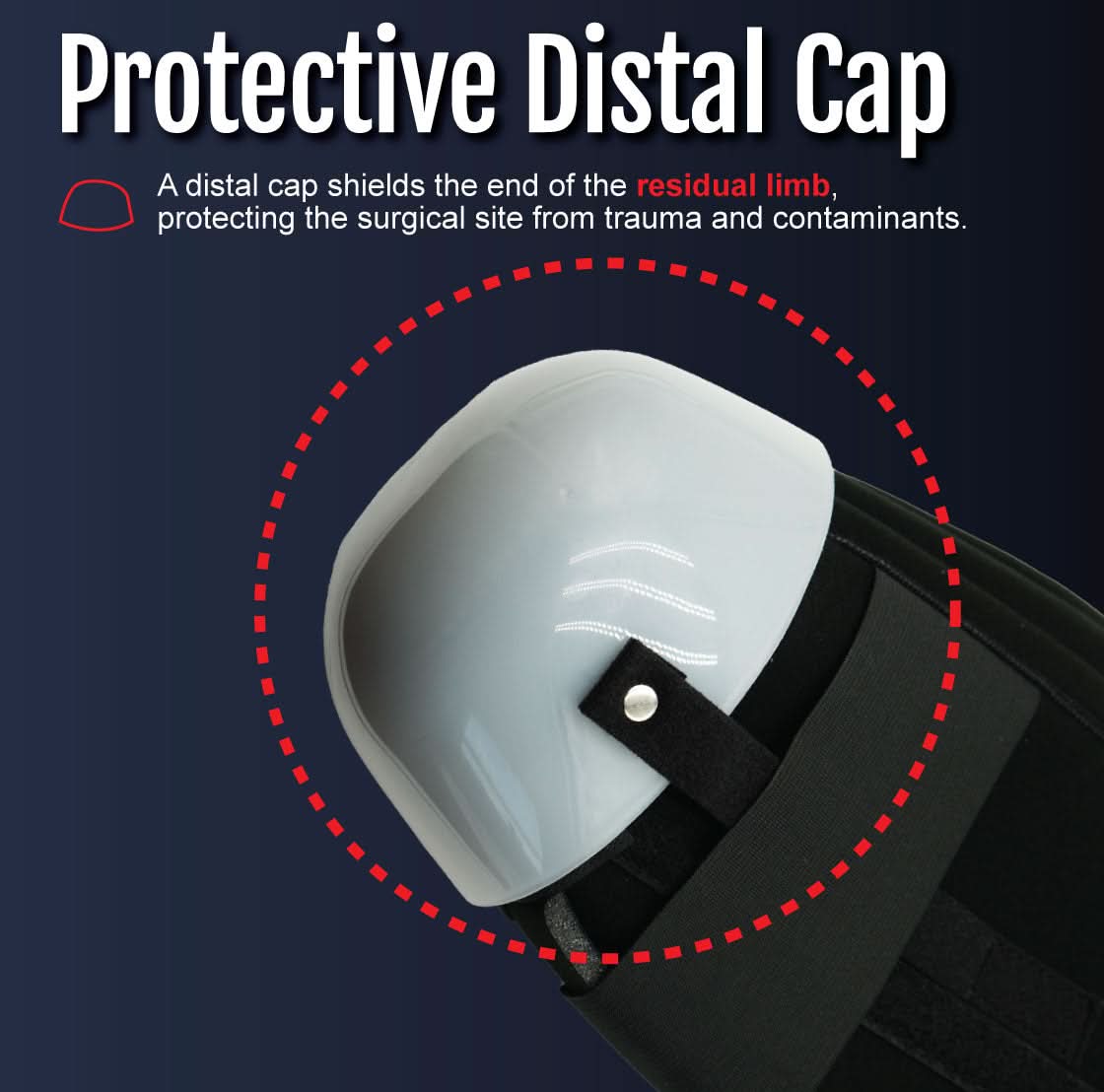 White rigid protective distal cap attached to a black below knee amputee dressing, highlighting best orthopedic braces made.