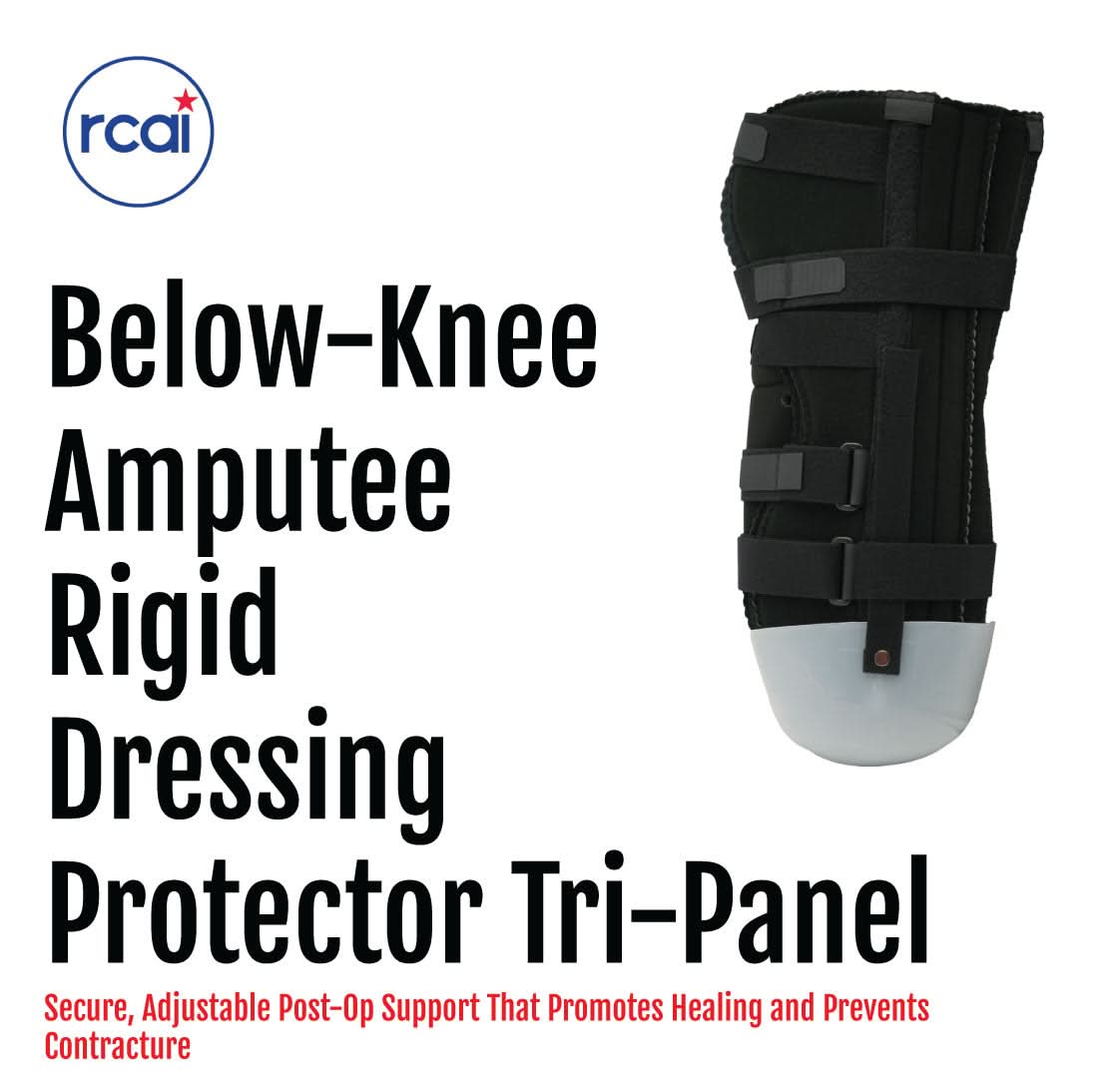 Black below-knee amputee rigid dressing protector with tri-panel design, adjustable straps, made in the USA by RCAI, best.
