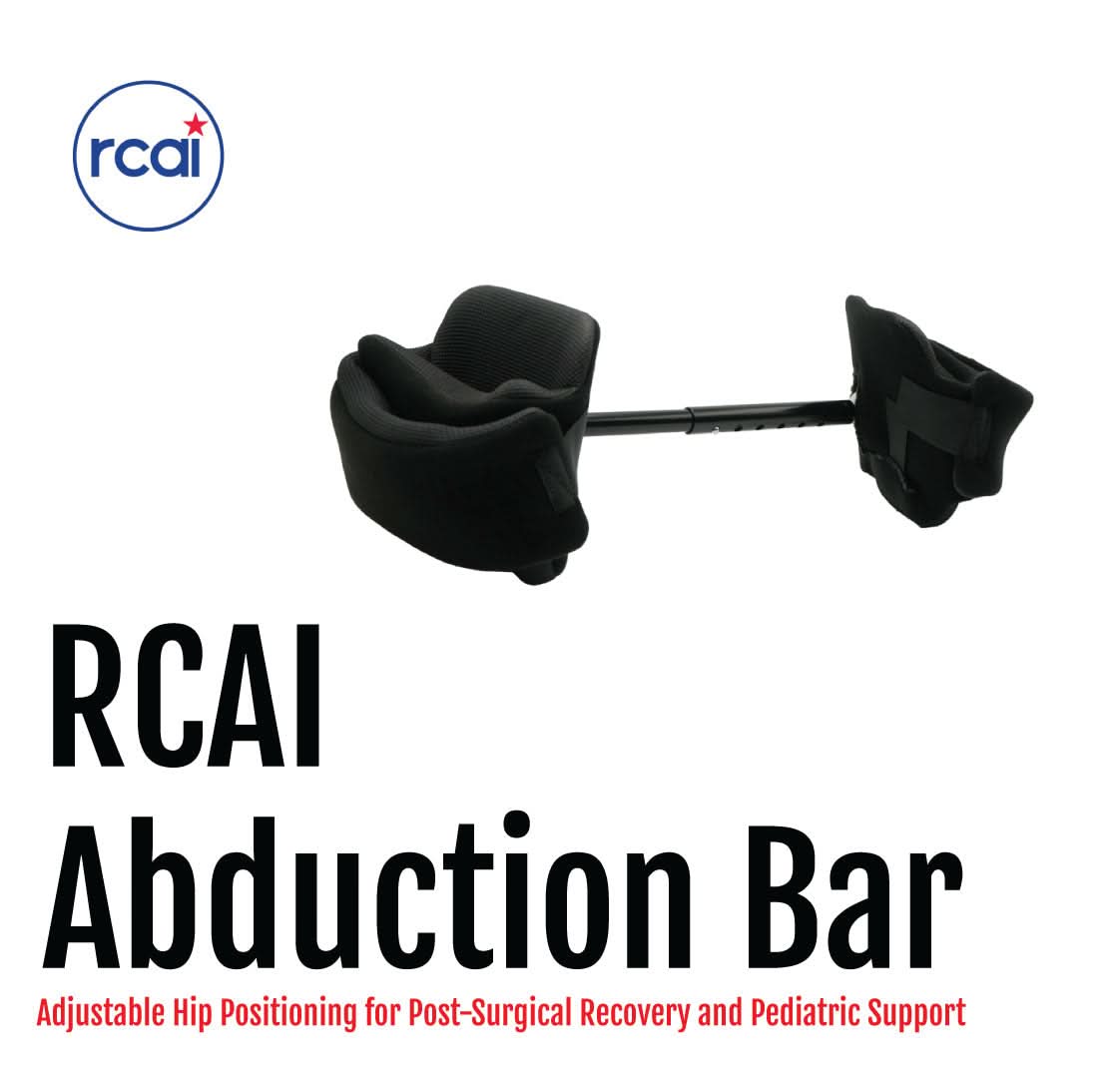 Black padded abduction bar with adjustable metal rod, designed for pediatric and adult support, made in the USA, best.