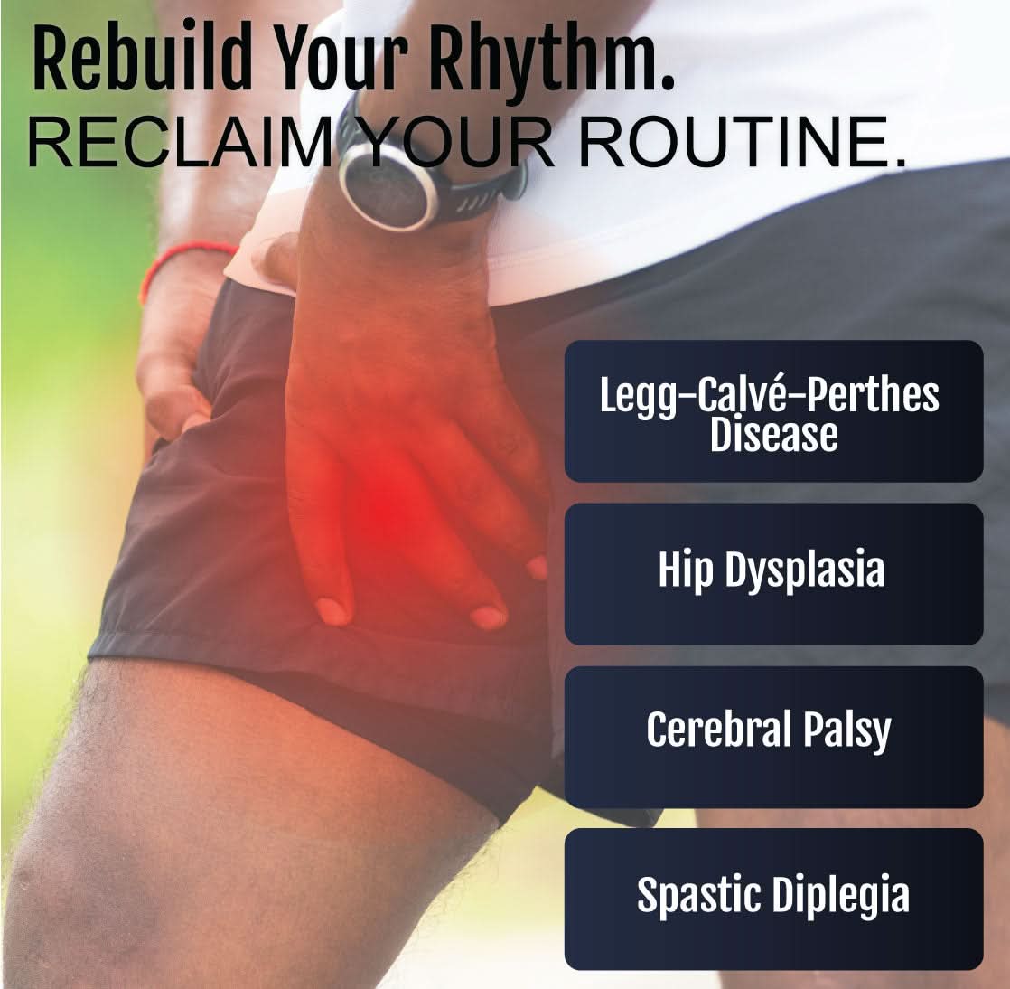 Adjustable black abduction bar supporting bent legs, highlighting hip area for cerebral palsy and hip dysplasia treatment,.