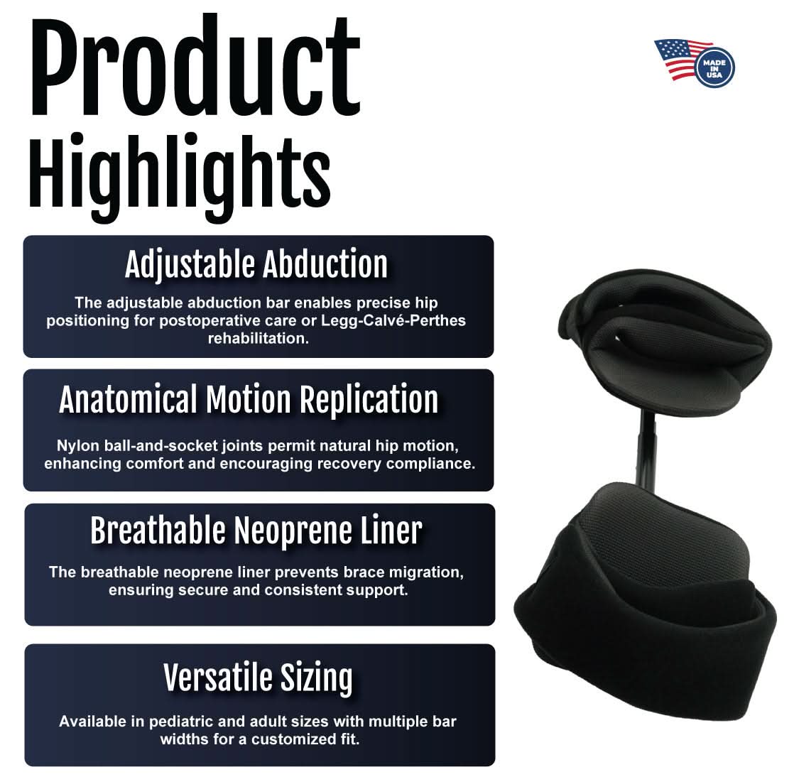 Black and white graphic highlighting Abduction Bar features with bold black text on white background, emphasizing adjustable .