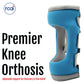 Blue and gray adjustable knee orthosis with open patella design, soft padding, and secure straps, RCAI made in the USA, best .