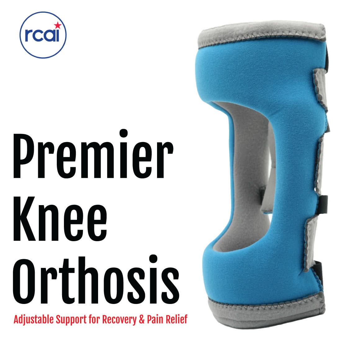 Blue and gray adjustable knee orthosis with open patella design, soft padding, and secure straps, RCAI made in the USA, best .